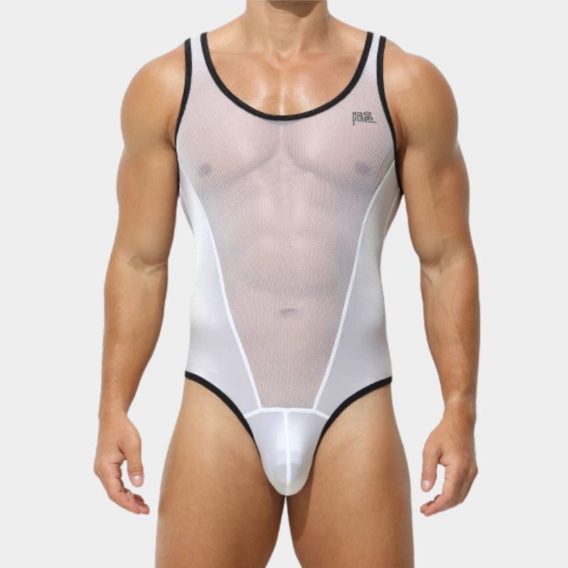 Men’s Sheer Mesh & Satin Ice Silk Bodysuit - AFL 707