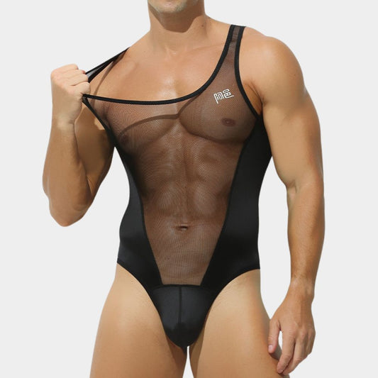 Men’s Sheer Mesh & Satin Ice Silk Bodysuit - AFL 707