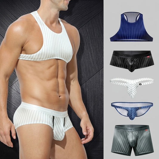 Men's Pinstripe Satin Ice Silk Crop Tank Top and Matching Underwear