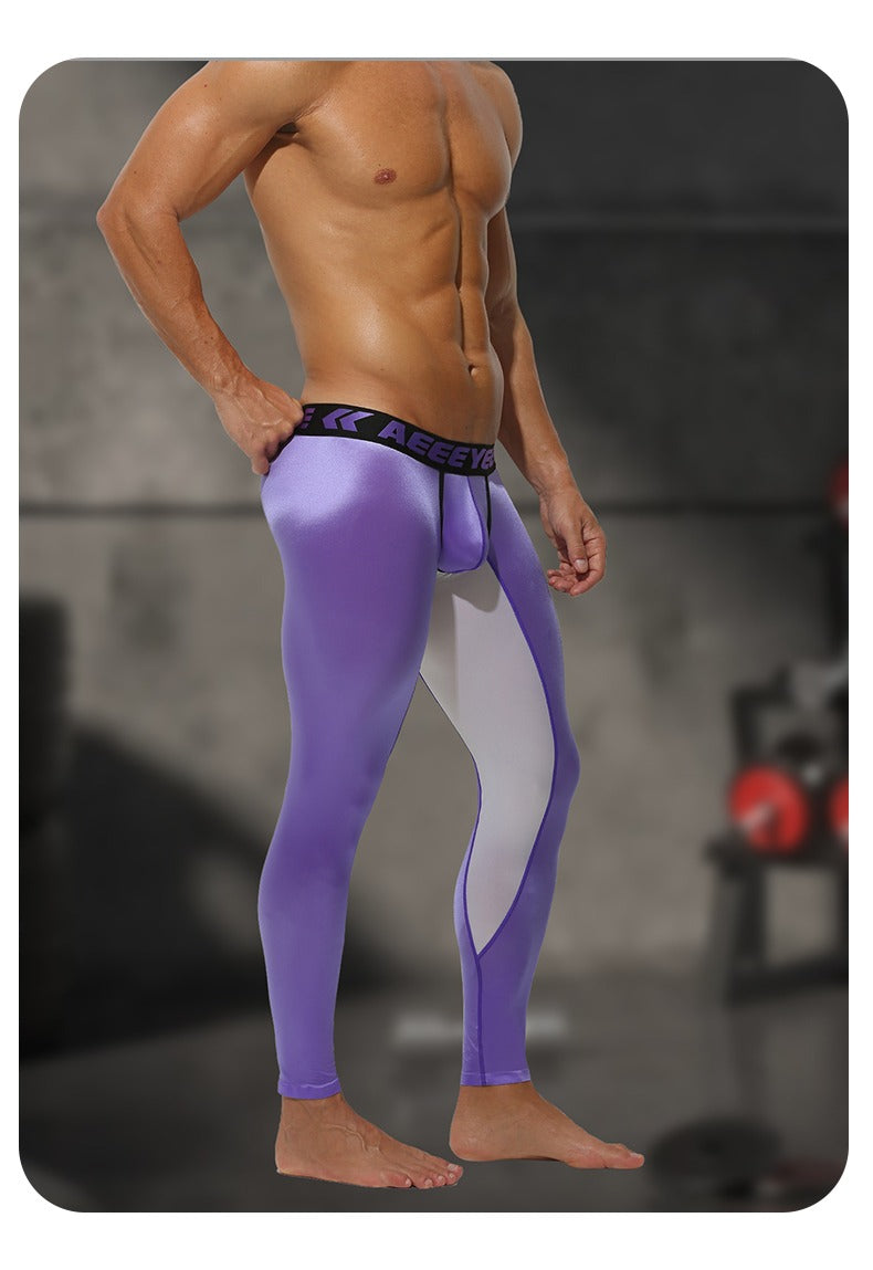Men’s Satin Ice-Silk Leggings with Color-Block Design & Lifted Support Pouch - AFL 737