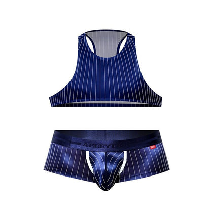 Men's Pinstripe Satin Ice Silk Crop Tank Top and Matching Underwear