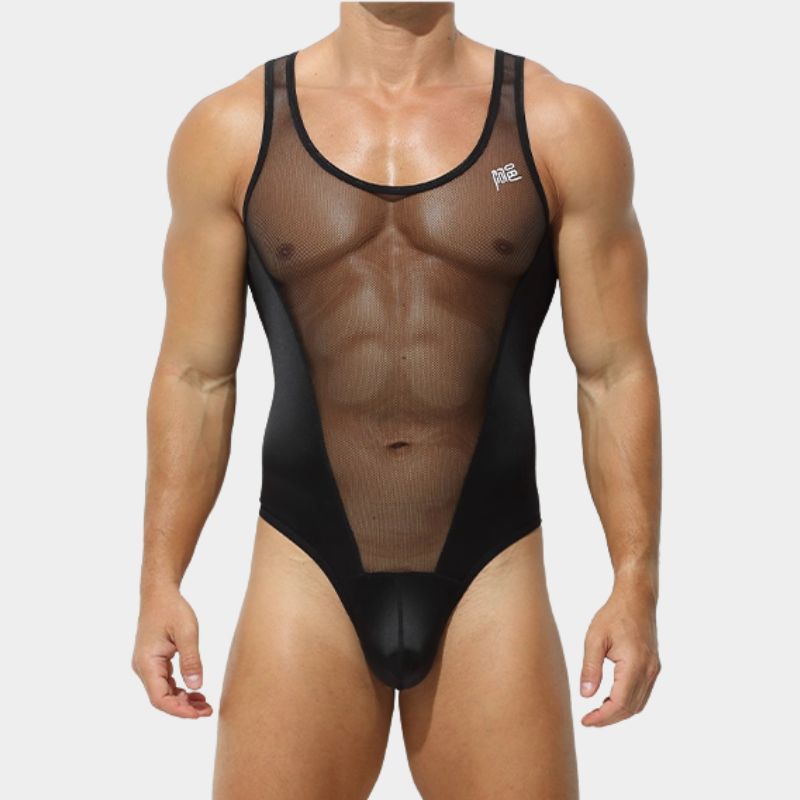 Men’s Sheer Mesh & Satin Ice Silk Bodysuit - AFL 707