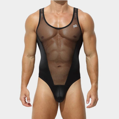 Men’s Sheer Mesh & Satin Ice Silk Bodysuit - AFL 707