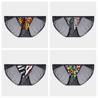 4-Pack Men's Sheer Ice Silk Briefs with Animal Print Pouch - AFL 726