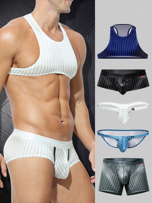Men's Pinstripe Satin Ice Silk Crop Tank Top and Matching Underwear